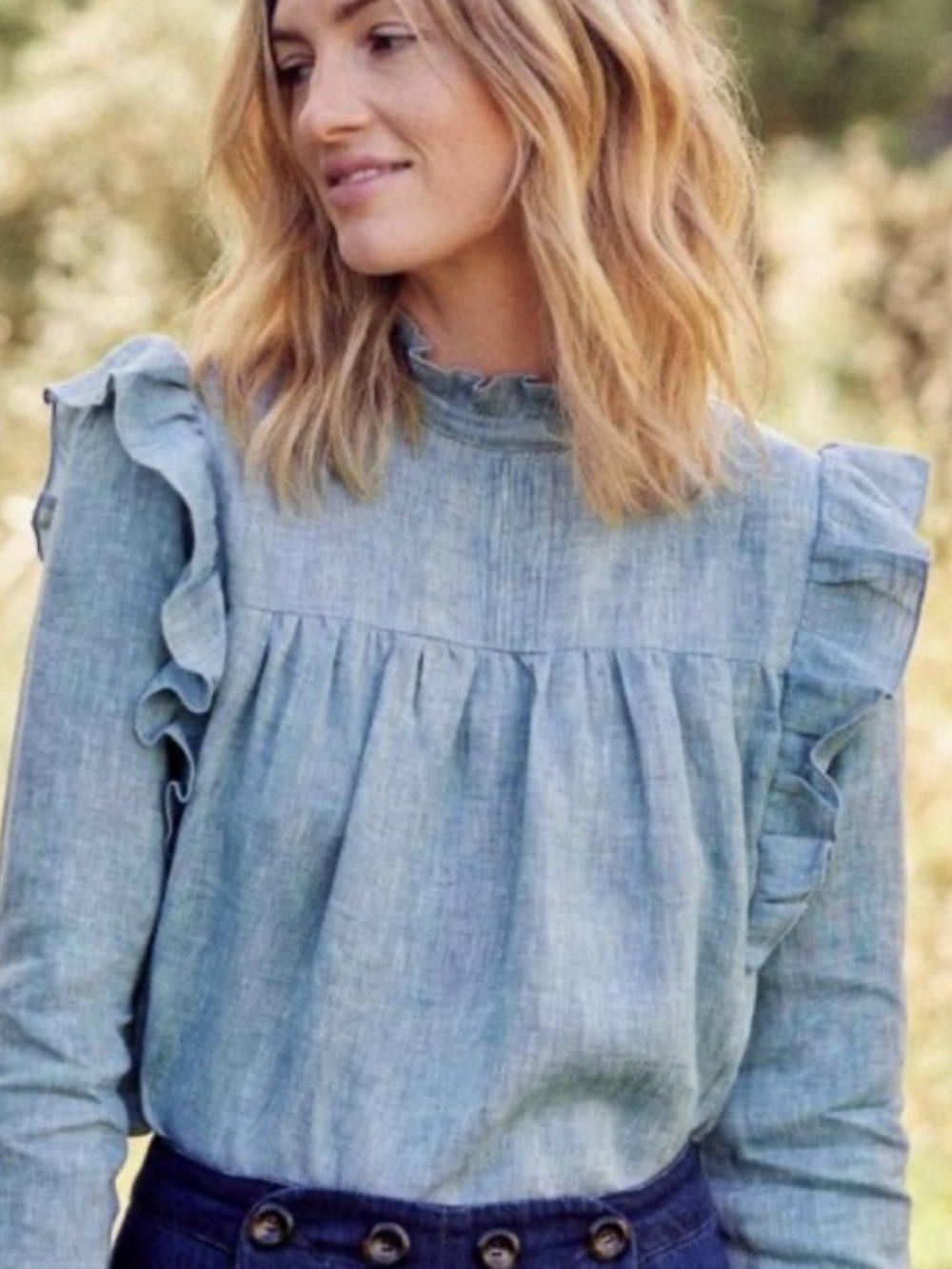 Sezane Juliette Ruffle Linen Chambray Blouse | US 6 FR 38